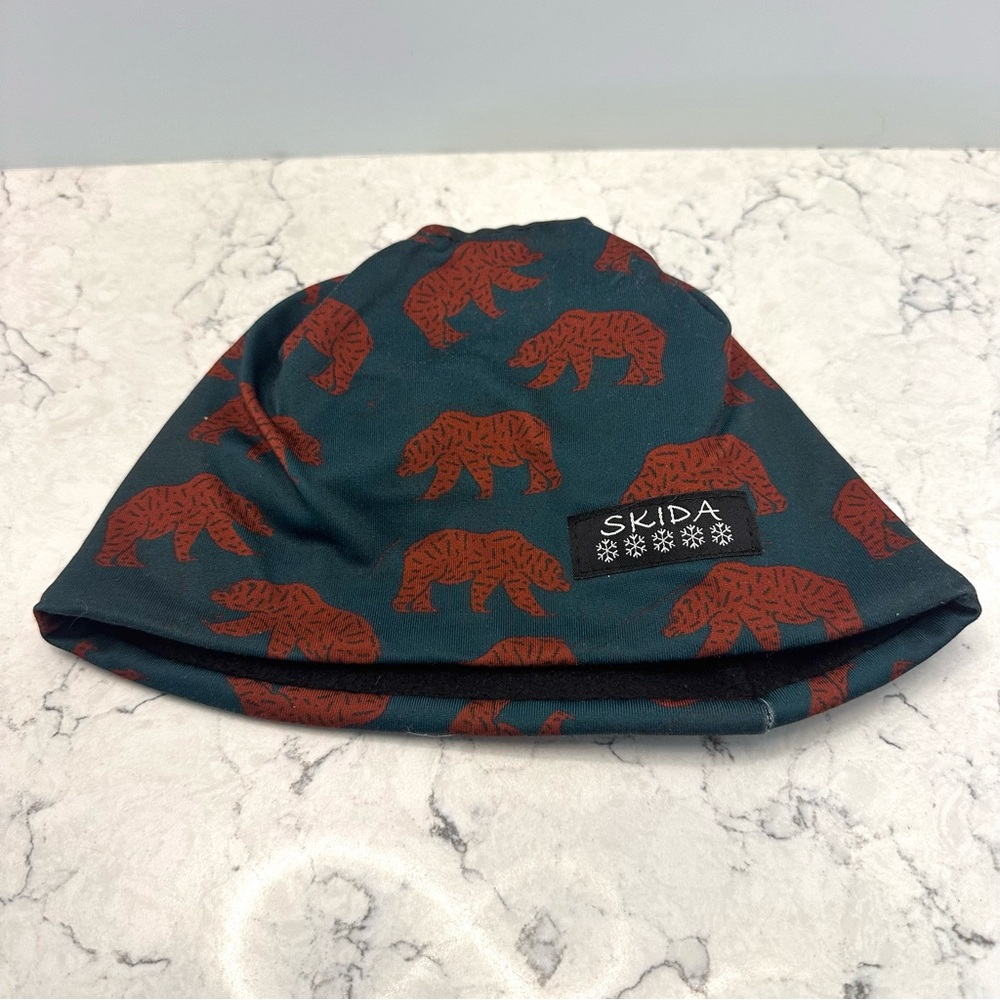 SKIDA Bear Print Beanie Hat Green Burgundy Fleece Lined Unisex